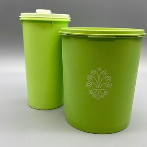 Vintage Tupperware Servalier Storage Canister Lime Green and 261 1 QT Pitcher